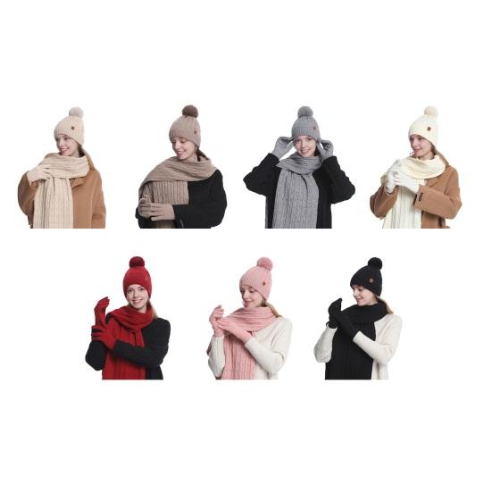 3Pcs/Set Women Hat Scarf Gloves Set Solid Color Twist Texture Thermal Lining Pompon Design Knitting Hat Long Scarf Gloves Set