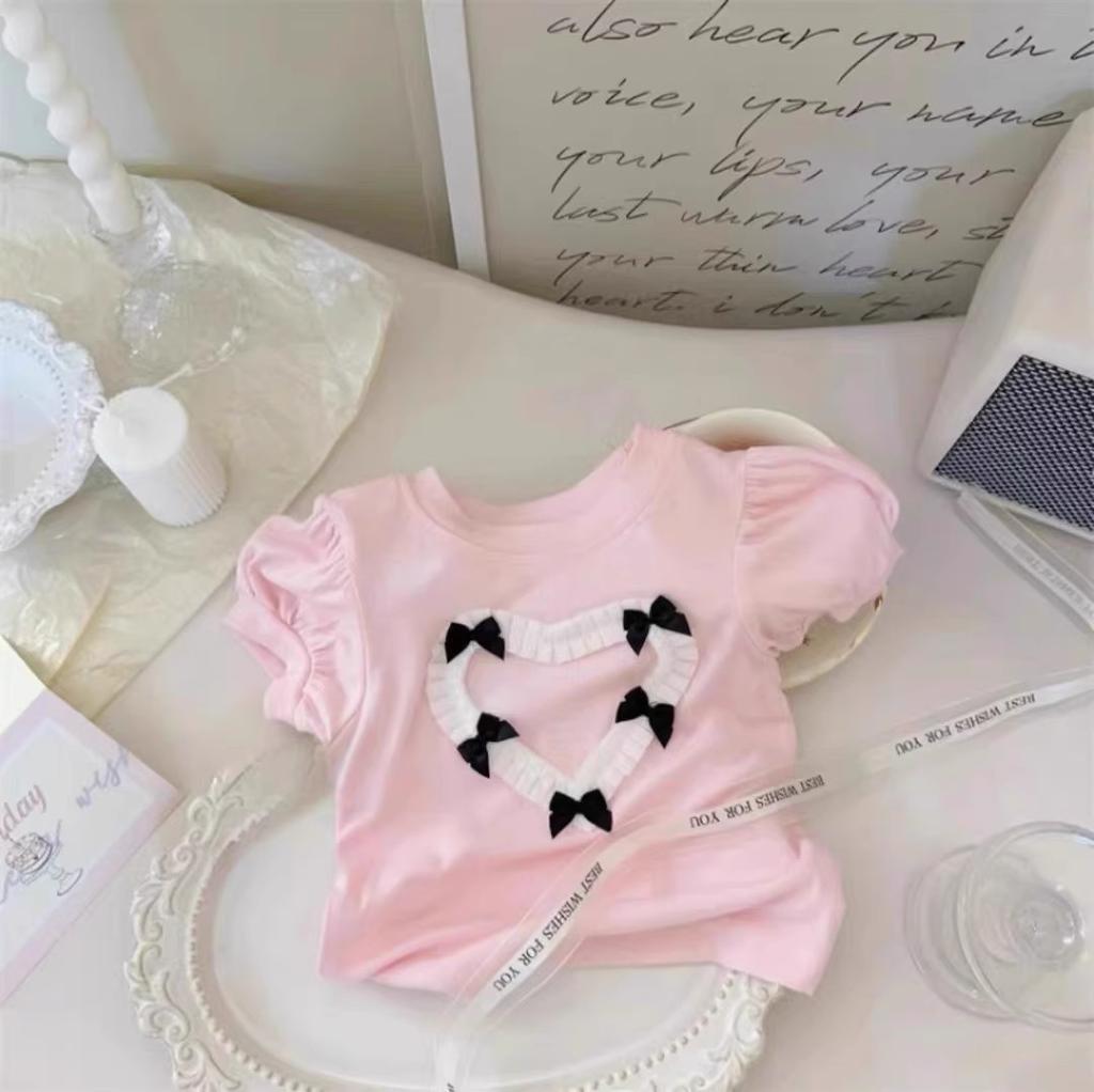 Girls Cute Heart Bow Short Sleeve T Shirt And Bud Pants Set Stylish Two Piece Outfit For Kids