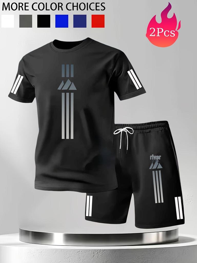 Men's Quick-Dry Mesh Sports Suit: Vertical Stripe Short Sleeve T-Shirt & Shorts Two-Piece