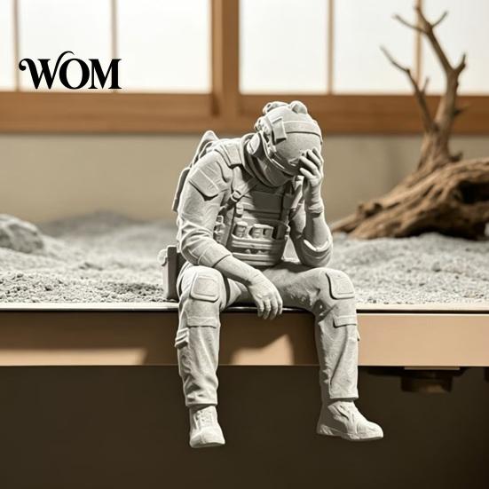 Tactical Equipment Sculpture 3D Printed Soldier Figurine Ornament, Sitting Statue, Desk Accessory Funny Tired for Table Shelf Edge Decor Miniature