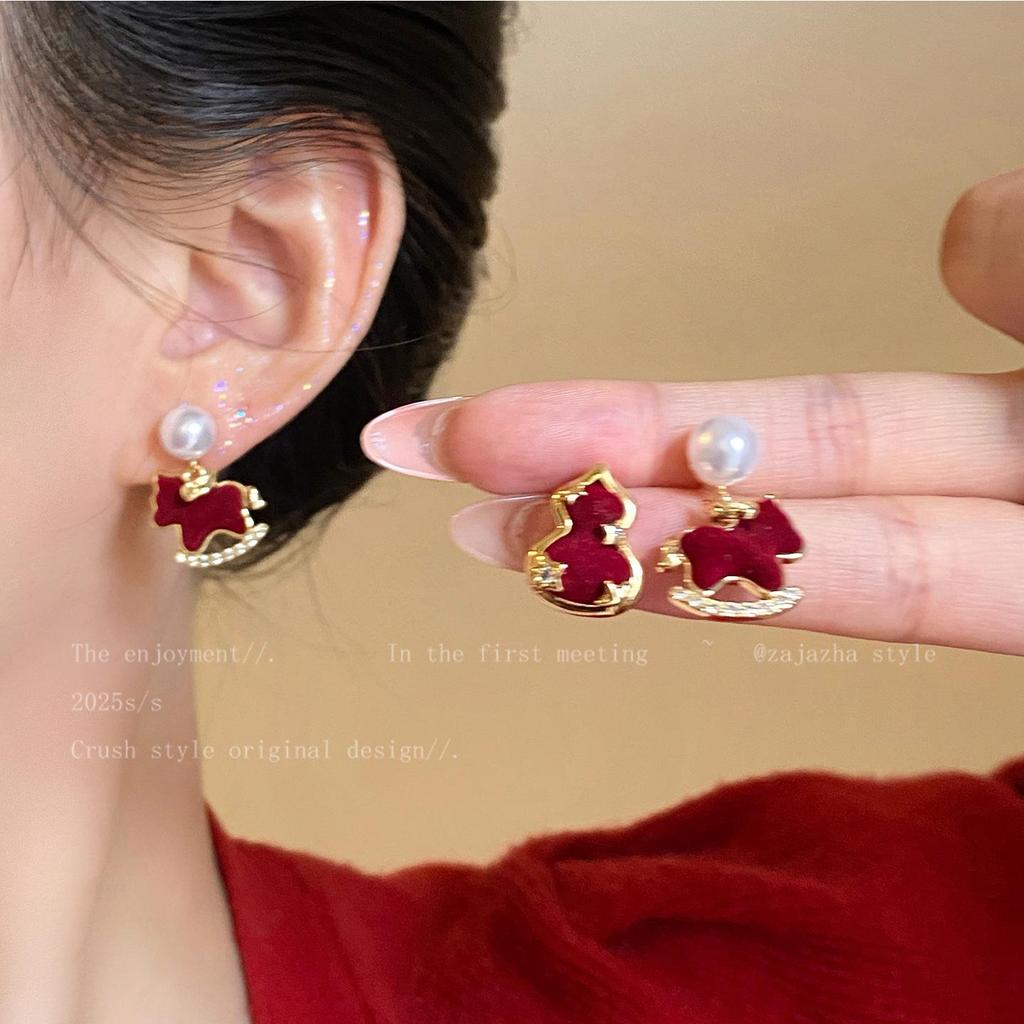 Red Velvet Horse Stud Earrings for Women - New Autumn/Winter 2025 Niche Design