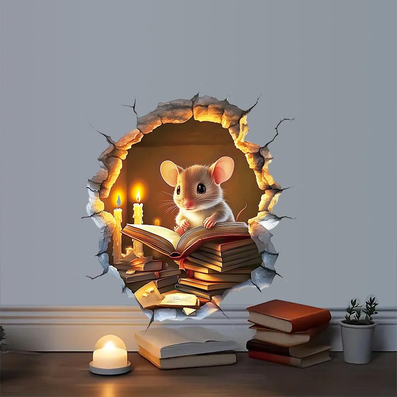 Cozy Cartoon Mouse Reading Book by Candlelight At Mouse Hole Toilet Wall Sticker Self-Adhesive Bathroom Home Decor Art Wholesale
