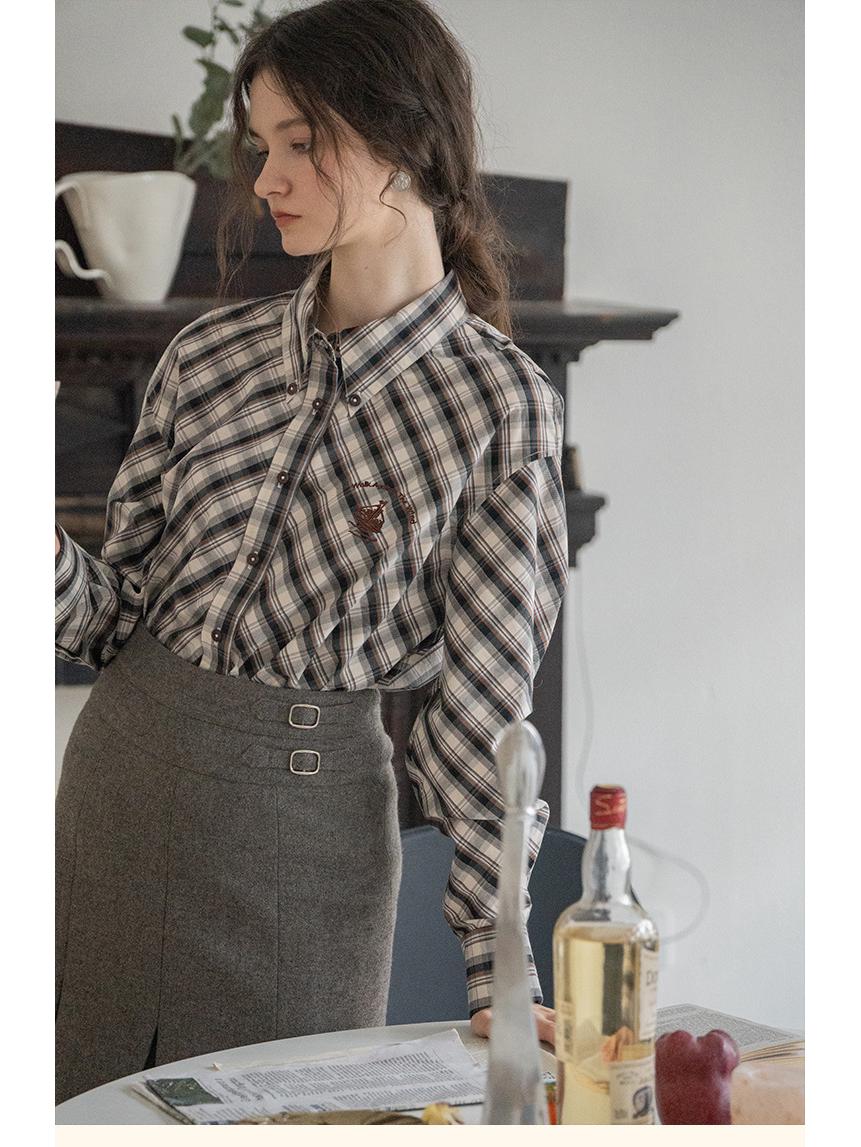 Dailyart  Plaid Law  45° Classic French Retro Embroidered Long-Sleeve Shirt for Spring Extra Large