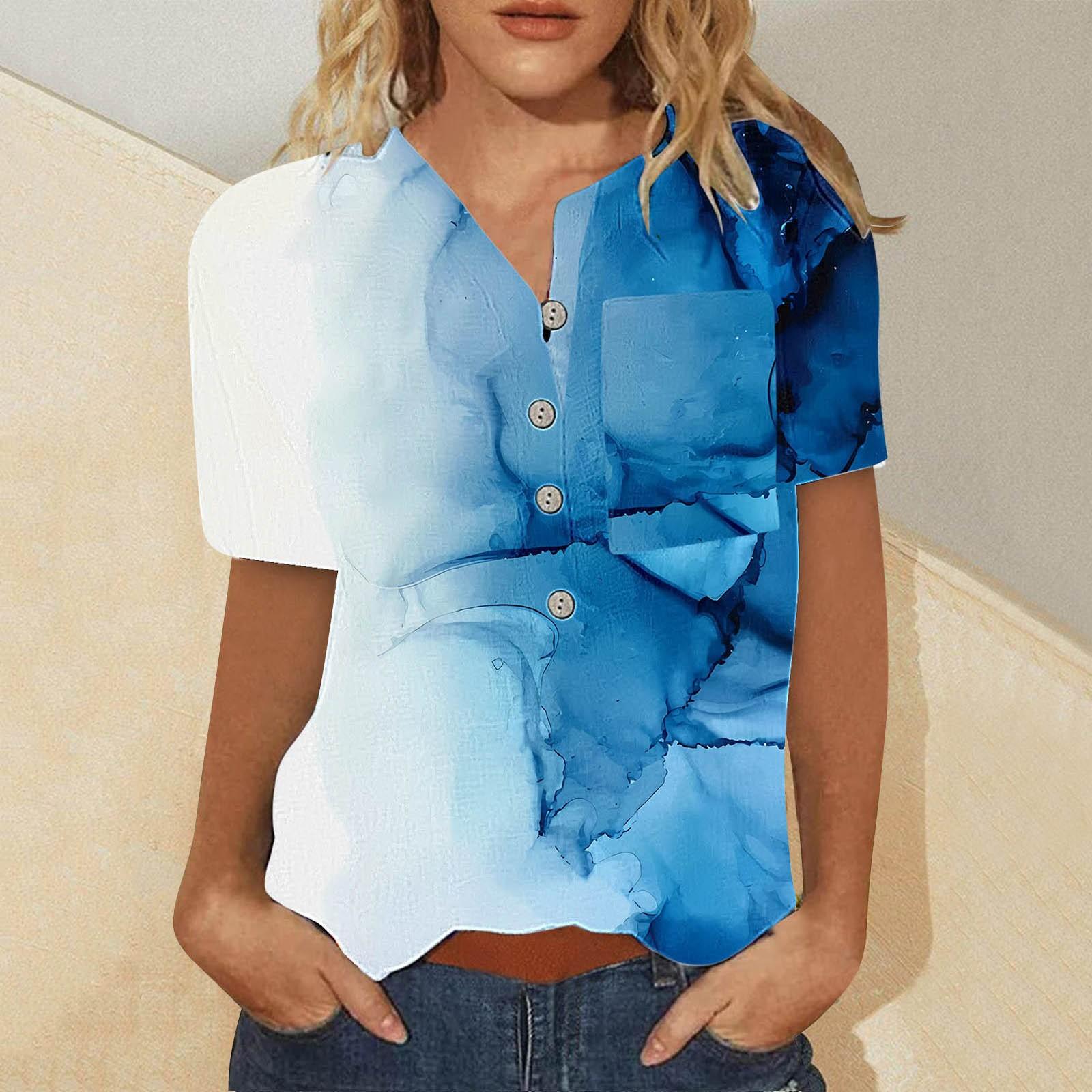 Women s Summer Casual Fashion Cotton Linen Printed Women s Short Sleeve Shirt Tops M синий