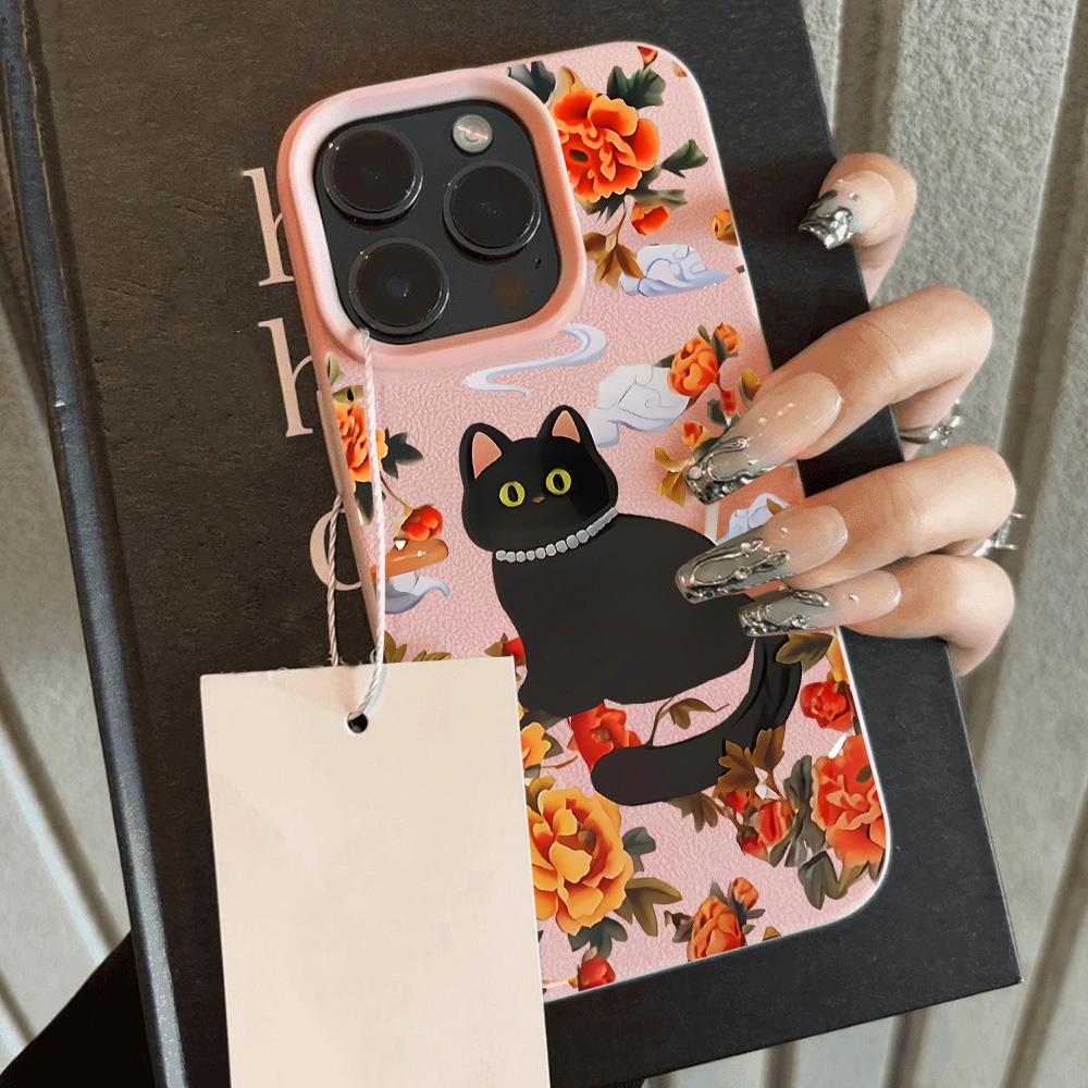 Romantic Cartoon Cat Flower Lichee Leather Pattern Phone Case For Redmi Note 14 13 12 11 10 9 8 Pro Plus 4G 5G Shockproof Cover