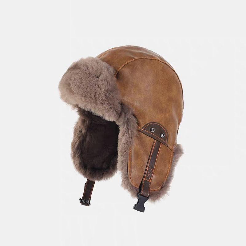 Unisex Winter Fleece-Lined Aviator Hat PU Leather Warm Ear Protection Cap Outdoor Cycling Cold Weather