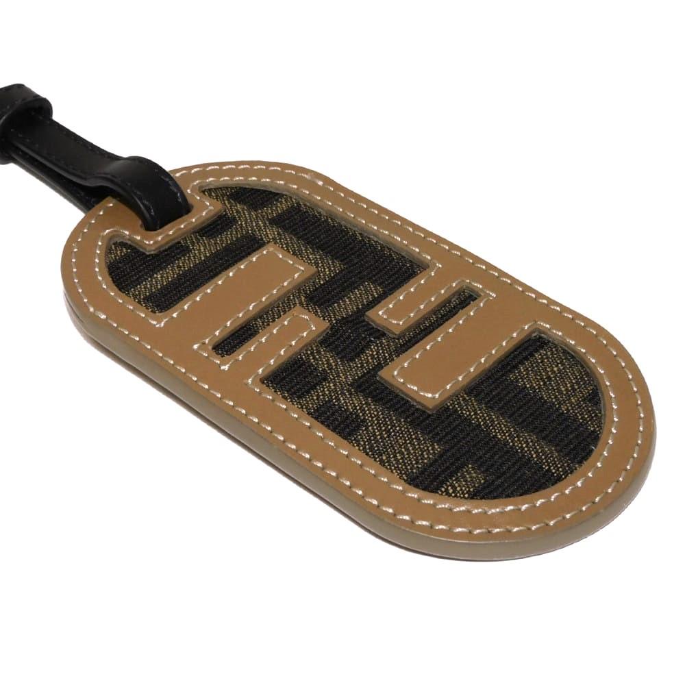 Used 11491 FF Logo Name Badge Travel Tag 7AS115 AL8H F1IKC 7989 Logo Khaki Calfskin Unused Zucca Fabric Brown Unisex
