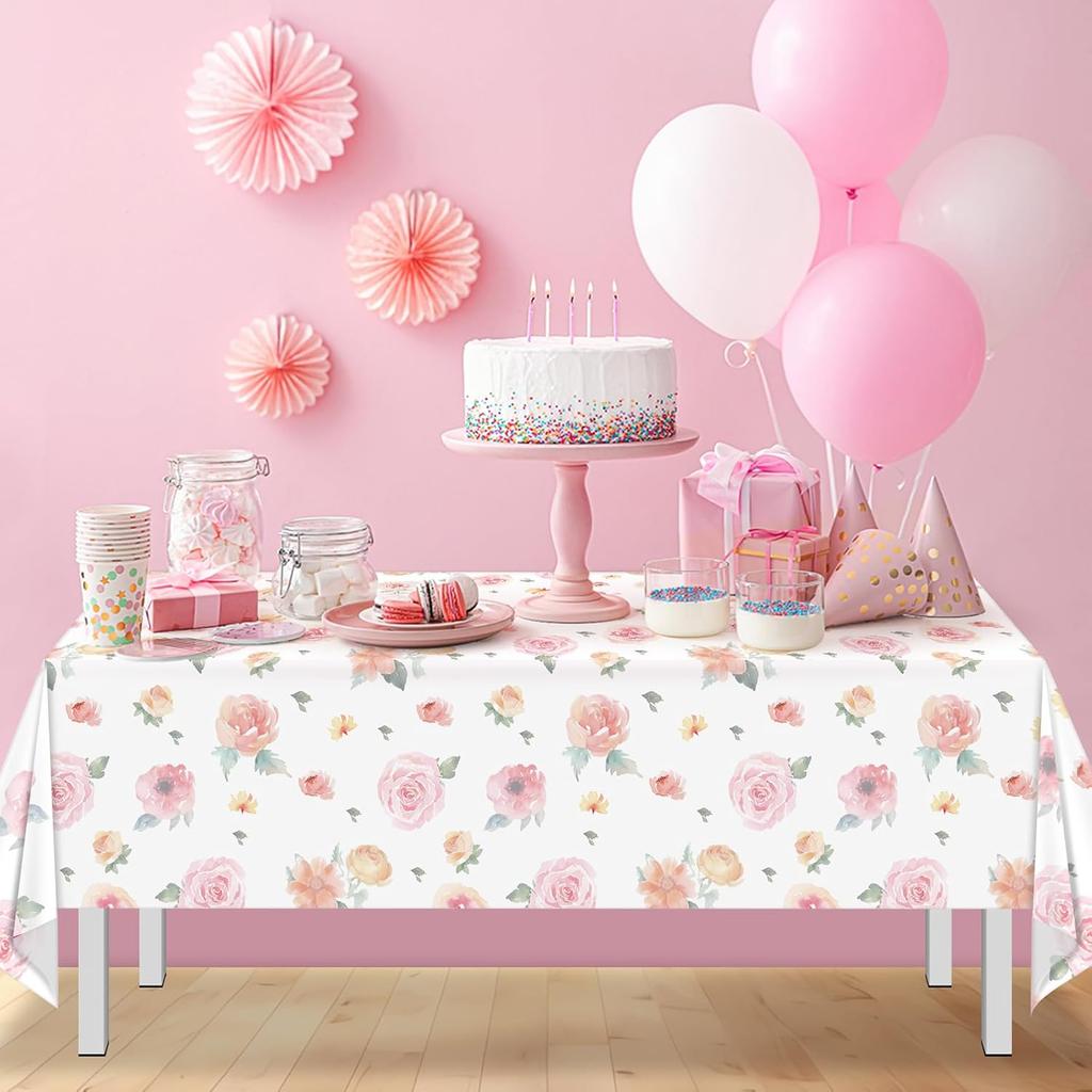 3 Pcs Spring Floral Tablecloth, Pink Wildflower Plastic Disposable Tablecloth Rectangle Table Covers for Easter, Birthday, Wedding, Baby Shower, Tea