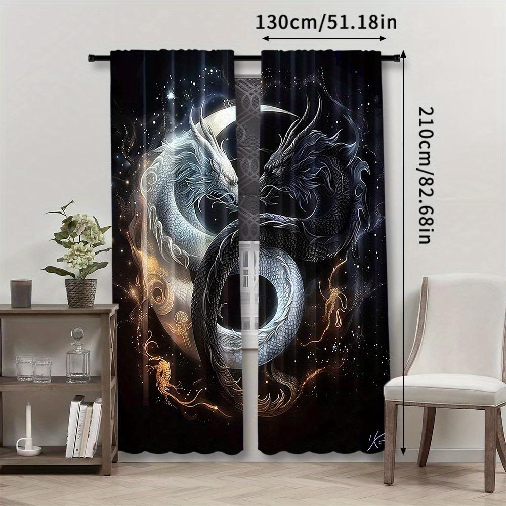 2pcs Yin-Yang Dragon Tai Chi Design Curtains - Celestial Motifs   Rod Pocket   Semi-Transparent Polyester   Ideal for Living Room