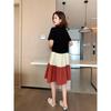 Summer new medium and long contrasting color dress women's fake two-piece temperament splicing a-word skirt