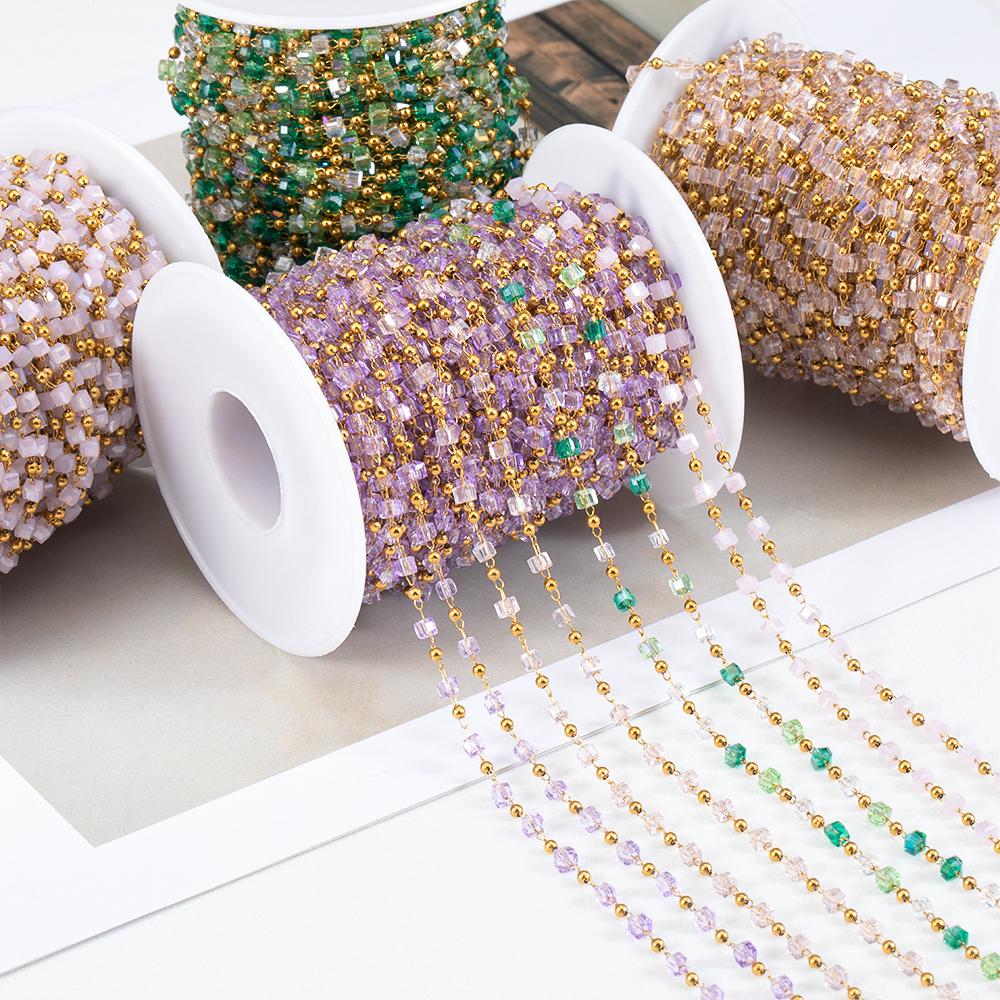 1Meter Stainless Steel Chain Boho Colorful Cube Square Crystal Beads Chain for DIY Necklaces Bracelets Holiday Jewelry Making