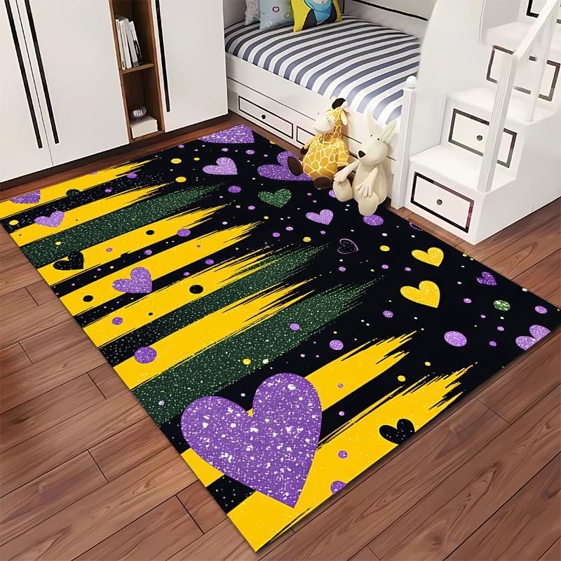 Colorful Heart Pattern Carpet with Yellow Stripes and Starry Accents Suitable for Use As an Anti-slip for Living Room Bedroom Sofas