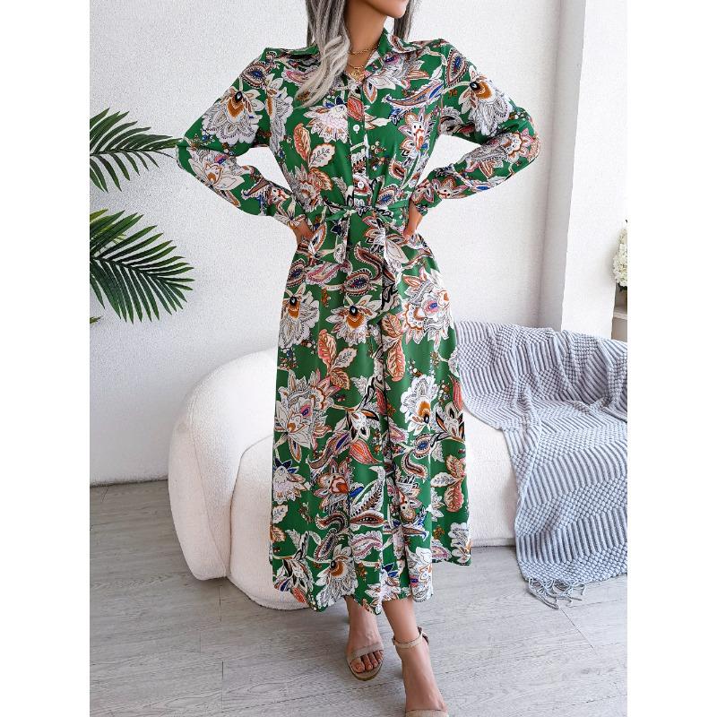

Женское платье-рубашка с длинным рукавом и цветочным воротником в стиле ретро на весну-лето XL зелёный