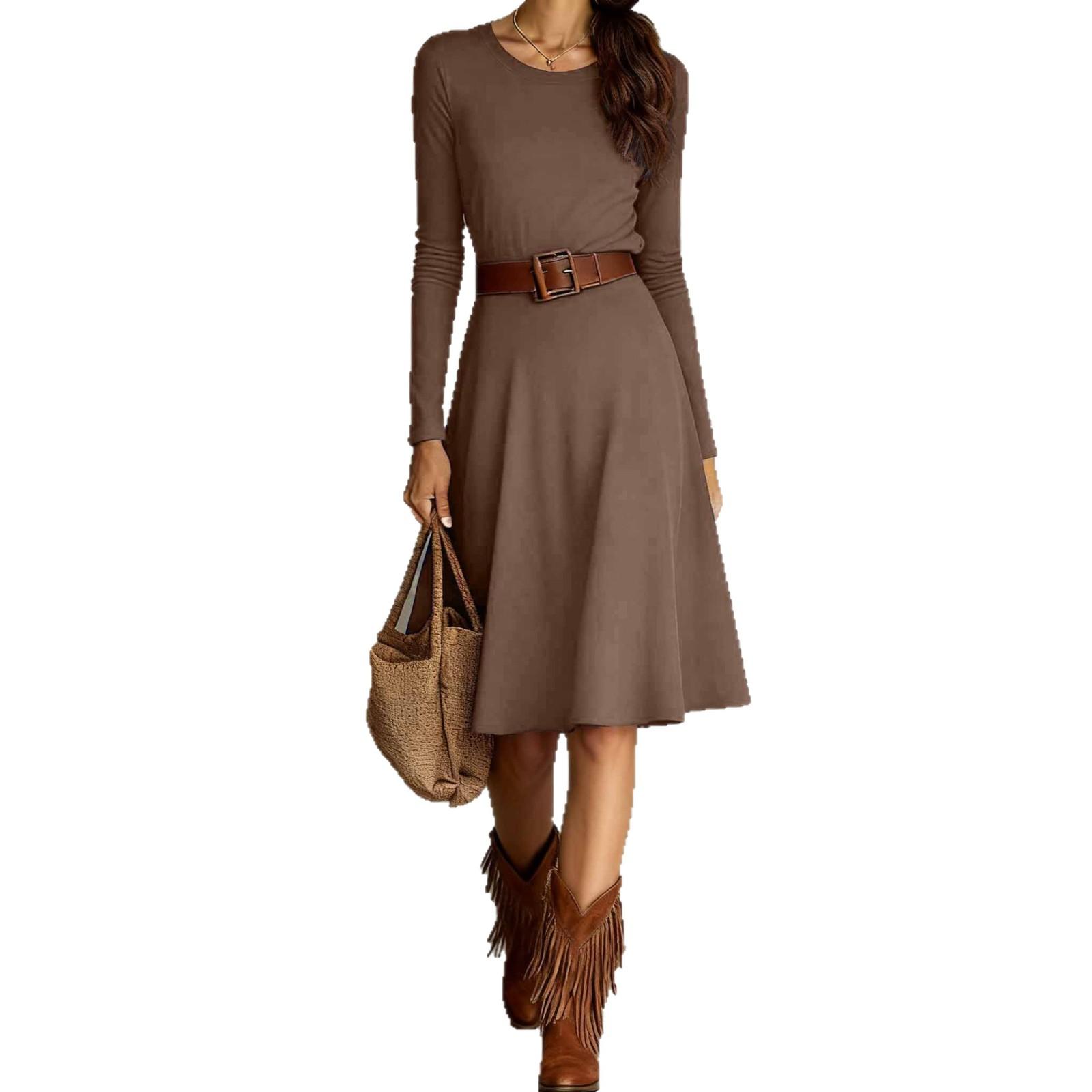 

Fashionable Women s Elegant Western Round Neck Knitted Long Sleeved Spring And Dress XL коричневый