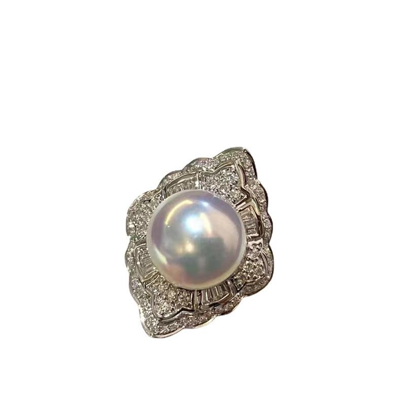 Anel de diamante de luxo com pérolas levemente incrustadas, anel feminino retrô francês de alta qualidade
