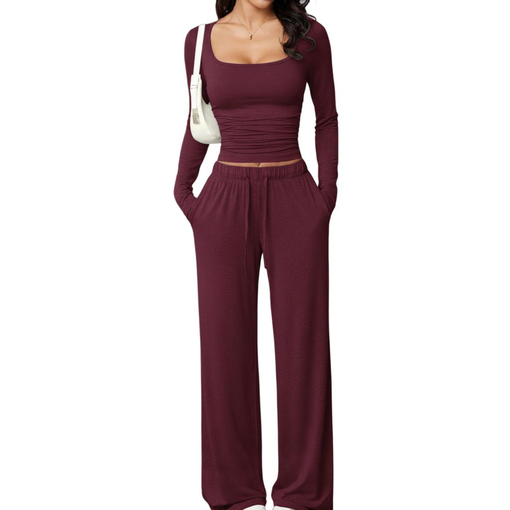 Autumn Casual Long Pants Set Square Neck Long Sleeve Short Top Women Sportswear