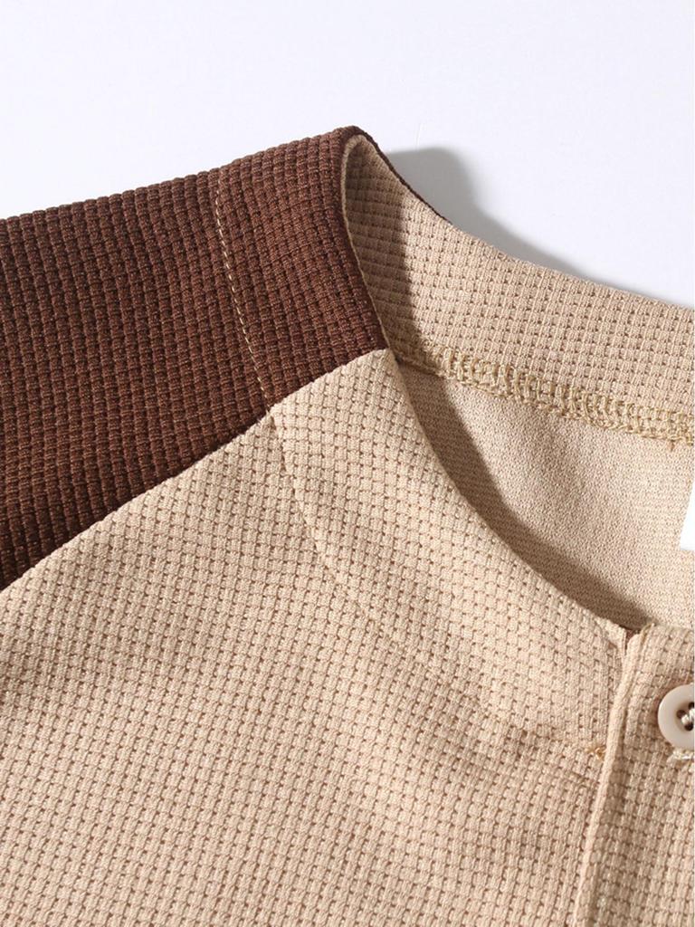Men's Cross-Border Casual Raglan Sleeve Patchwork Round Neck Waffle Knit Sweatshirt for Spring/Autumn