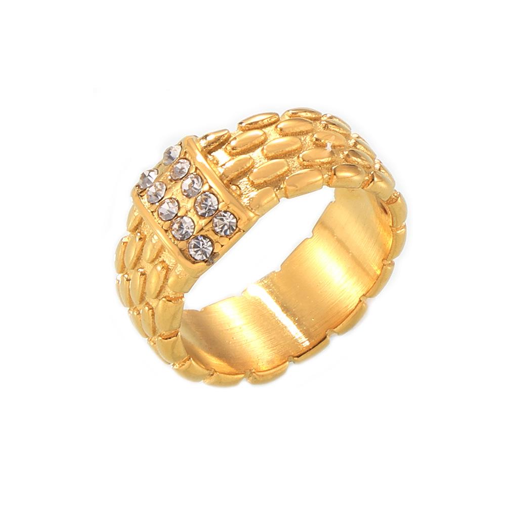 Bague en acier titane de style rétro européen et américain avec texture tissée et incrustation de diamant plaqué or 18 carats pour femmes