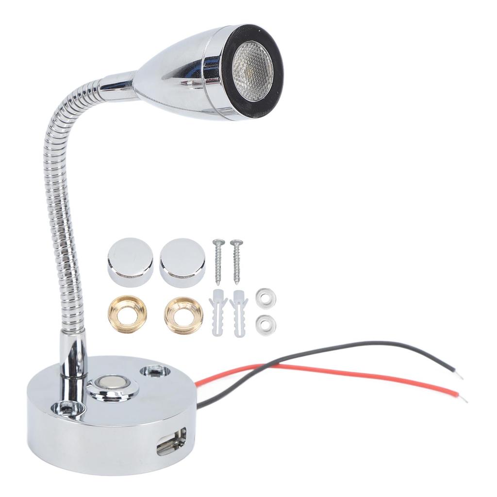 RV Reading Light LED Chrome Indoor Bedside Lamp Boat Yacht USB 3 Adjustable Light Color Touch Lamp D