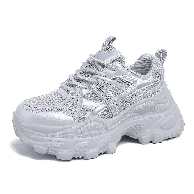 European station leather mesh platform dad shoes women 2025 new versatile round head lace-up casual sports shoes trendy shoes