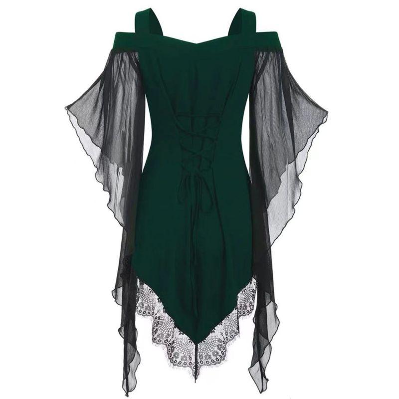 Autumn New Women Clothes Gothic Big Hemline Sleeve Irregular Patchwork Lace Witch Sling Lace Up Dress