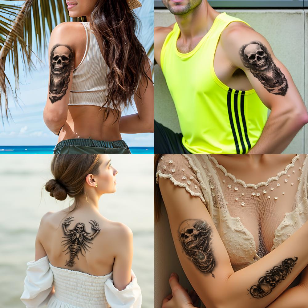 3pcs Temporary Tattoo Tattoo Skull Realistic Temporary Tattoos Skull And Rainbow Crow Skeleton Black And Grey Realism For Men