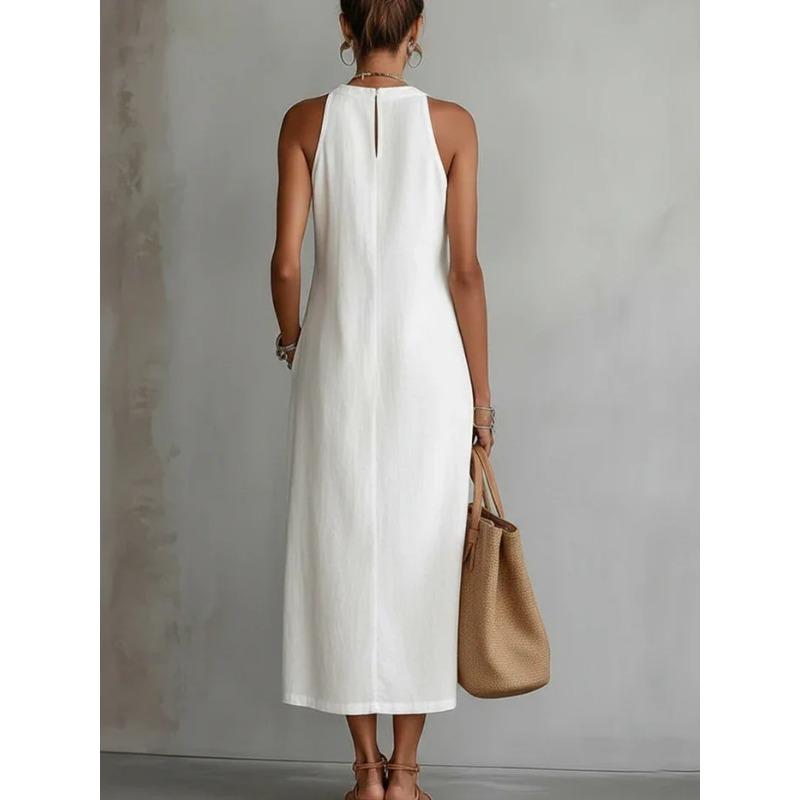 Women's Summer Dress Halter Sleeveless Vacation Loose Fit Casual Women's White Midi Dress With Lace Stitching Slit Pockets Simple Beach Dresses