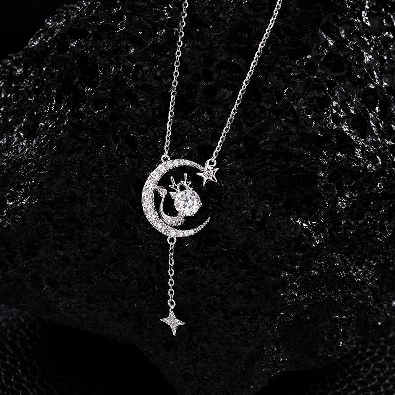S925 Sterling Silver Moon Star Dragon Moissanite Pendant Necklace Tassel Style Sparkling Jewelry for Party Wedding Anniversary