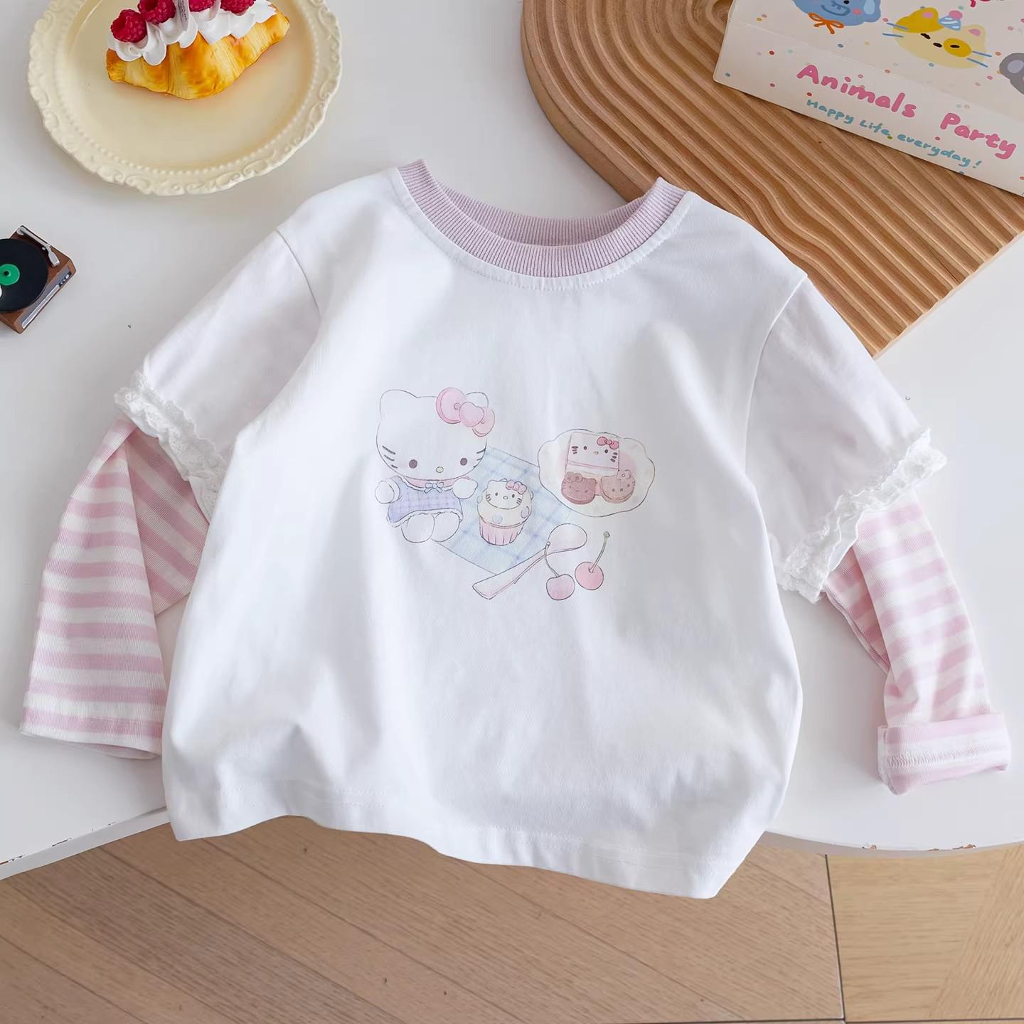 Girls  Spring Striped Patchwork Sleeves KT Cat Print Long-Sleeve Two-Piece T-shirt 90 cm розовый
