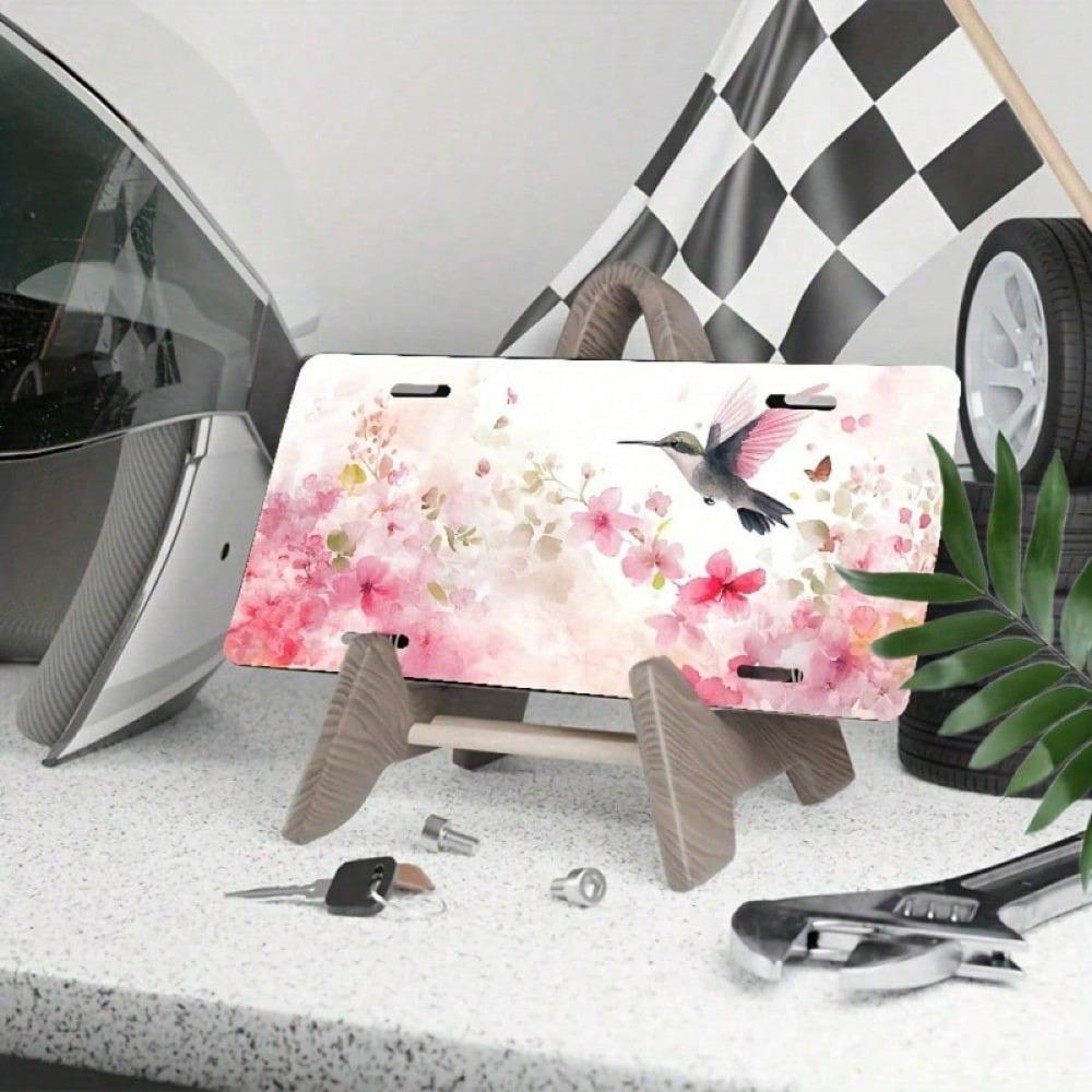 Sakura Hummingbird License Plate Frame, Rustproof Aluminum 2D Flat Car Tag Cover, 5.9x11.8in Floral Decorative Exterior