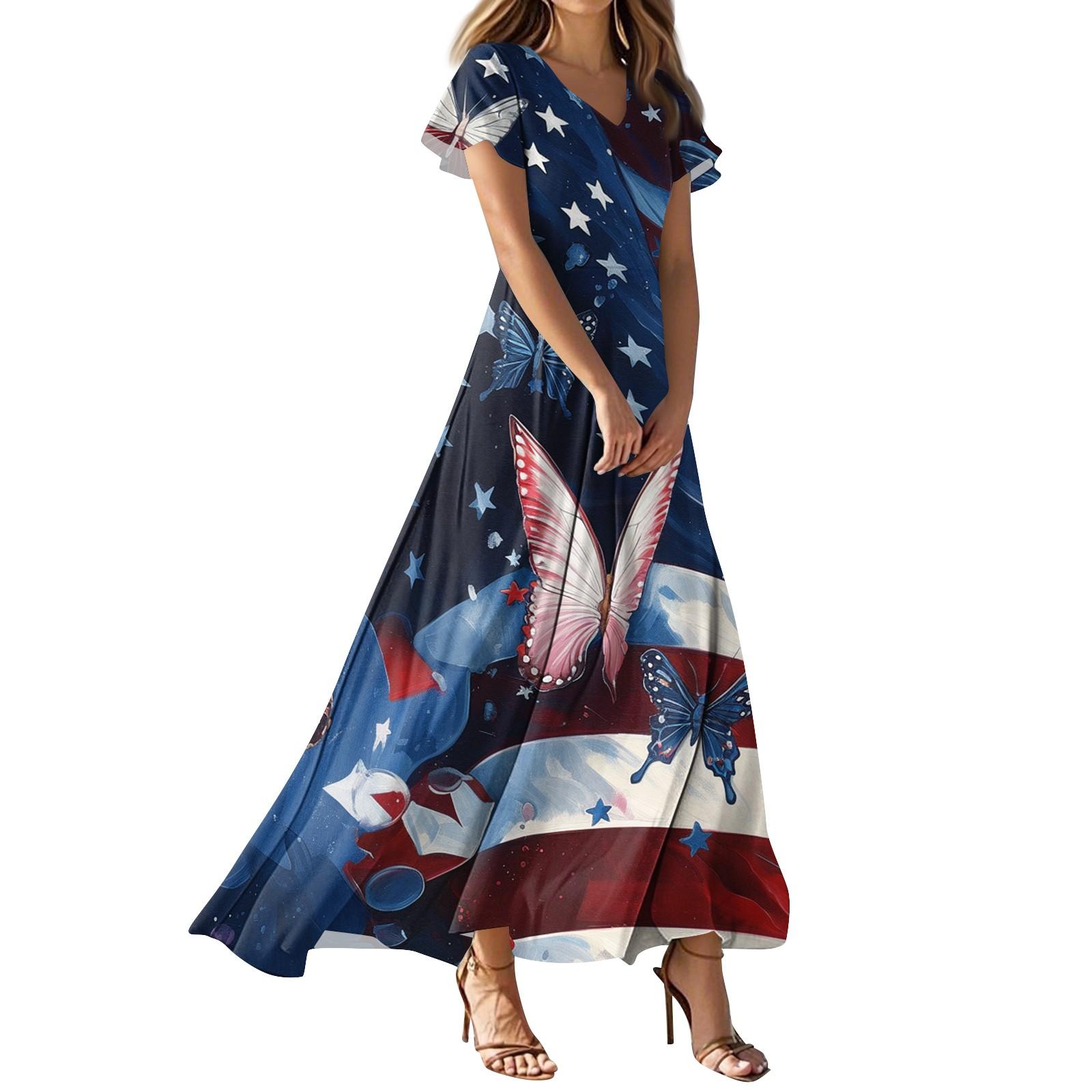 

Жіноча повсякденна сукня з V-подібним вирізом і високою талією, принтом прапора на День незалежності L