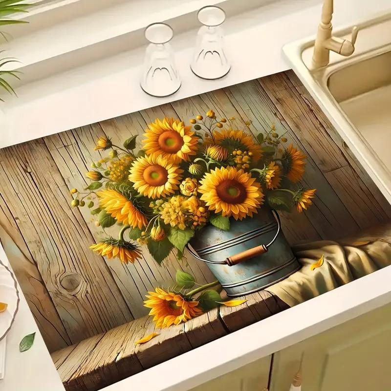 Sonnenblumen-bedruckter Untersetzer Abtropfmatte Kaffeemaschine Rutschfest Superabsorbierend Verschleißfest Geschirrabtropfmatte für Arbeitsplatte