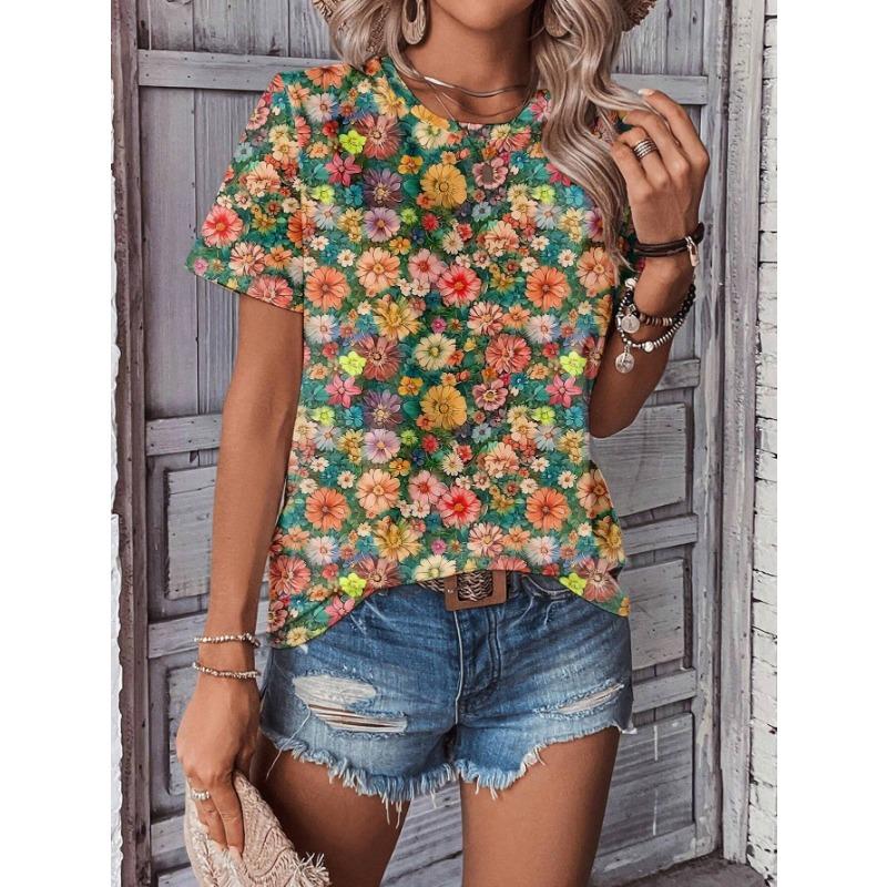 Heart Love Graphics T-Shirts Floral 3D Print Women's Casual Short Sleeves O-Neck T Shirt Y2k Harajuku Tees Tops