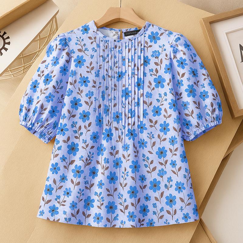 

ZANZEA Женская летняя блузка с круглым вырезом, цветочным принтом и коротким рукавом 2XL синий