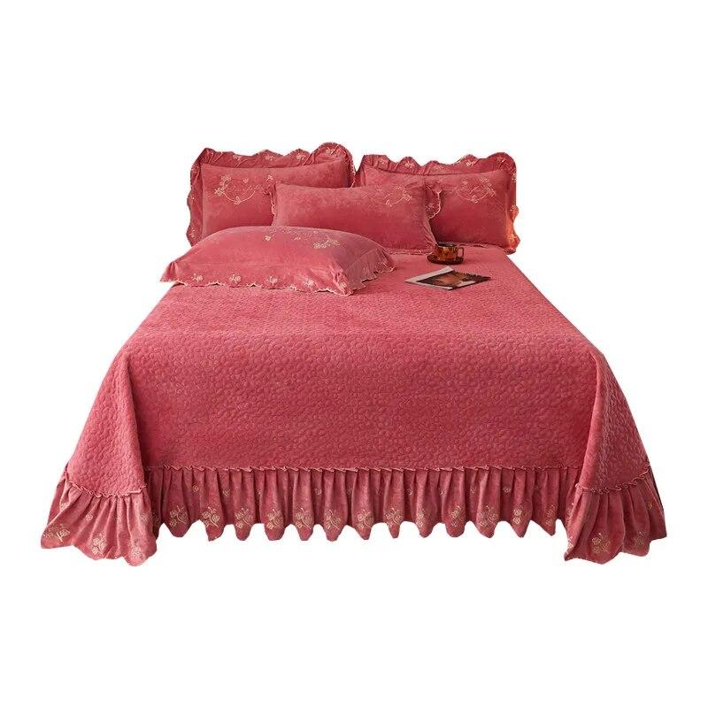 Thickened Velvet Bedspread Coverlet Quilted Soft Bed Sheet Embroidery Ruffle Skirt Queen King Size 3pcs Droppshipping