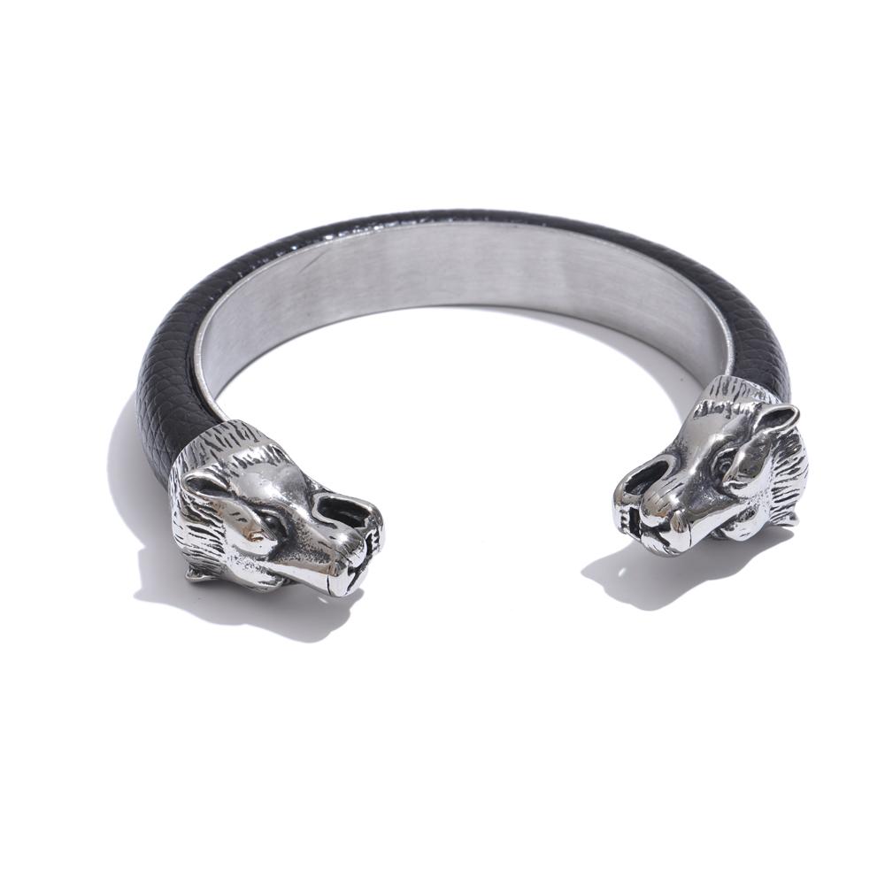 

Yhpup 62mm Vintage Leather Wolf Personality Fashion Cuff Open Bracelet Bangle for Men Stainless Steel Wrist Wide Jewelry