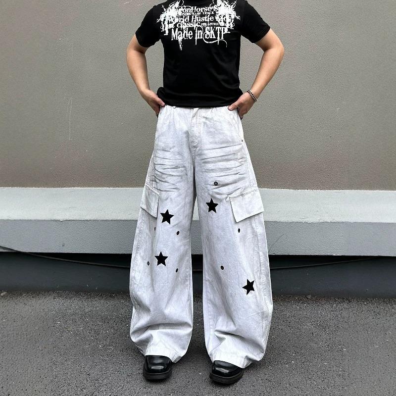 American street retro dirty dyed stars multi-pocket overalls men's and women's loose wide-leg casual straight jeans tide