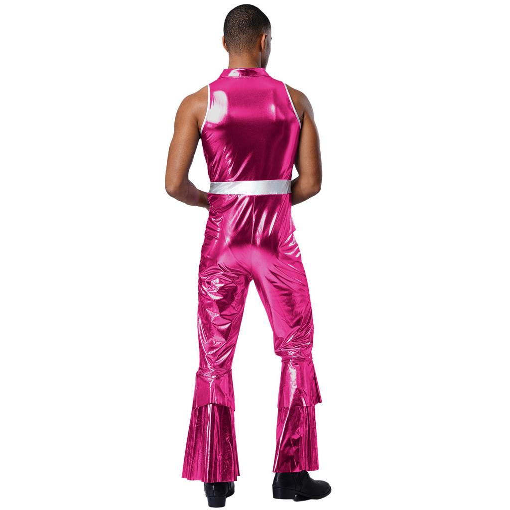 Mens 70s Jumpsuit Shiny Metallic Lapel Collar Sleeveless High Waist Flared Pants Disco Dance Singer Outfit