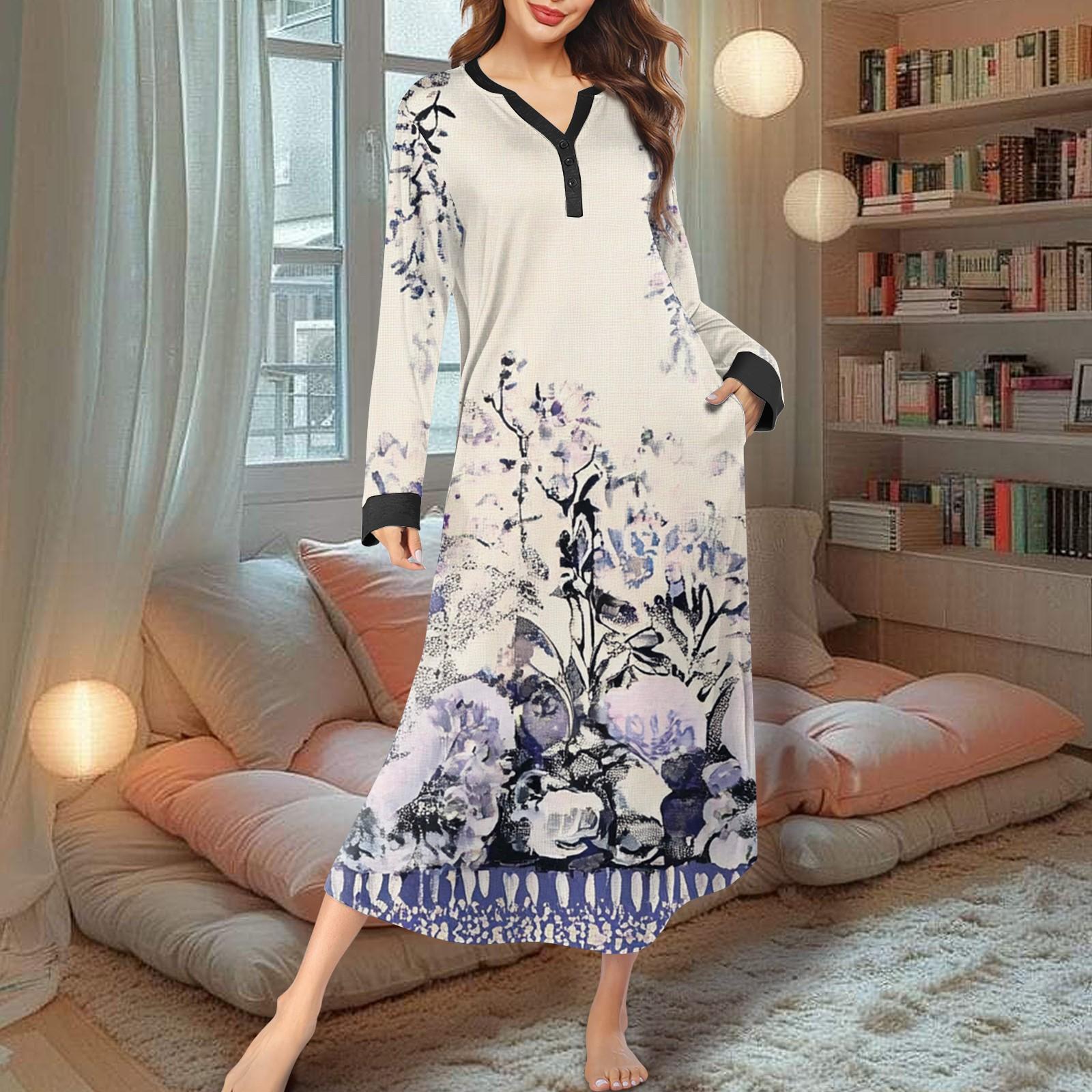 

Женская ночная рубашка, модный принт, длинный домашний халат, пижама с V-образным вырезом и карманами, платье XXXL