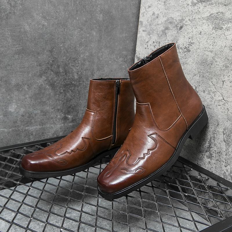 High Quality Casual Leather Boots Men Western Cowboy Leather Shoes Male Fashion Men's High Top British Outdoor Boots Shoes Male