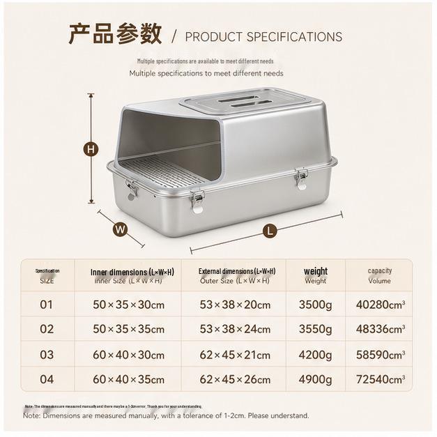 Large Stainless Steel Enclosed Cat Litter Box with Anti-Splash High Fence