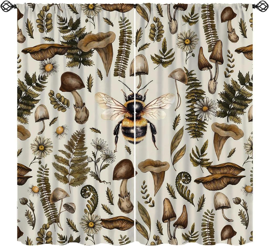 Rustic Honey Bee Curtains Honeycomb Daisy Floral Window Treatments Insulated Drapes Panel Sets Curtain With Rod Pocket Thermal Polyester