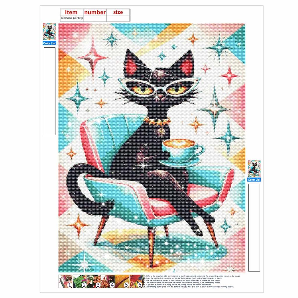 5D DIY Diamond Painting Kit Stylish Black Cat Drinking Coffee Art Diamond Embroidery Rhinestones Full Drill 30x40cm Home Wall Decor Gift Adults