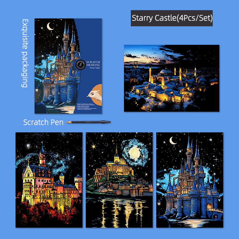4Pcs/Set A3 Diy Scratch Painting Set Colosseum Forbidden City Cherry Blossom Castle Night View Laser Scratch Art Drawing Toys