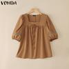 Elegant Women Square Collar Puff Sleeve Crochet Patchwork Casual Blouse