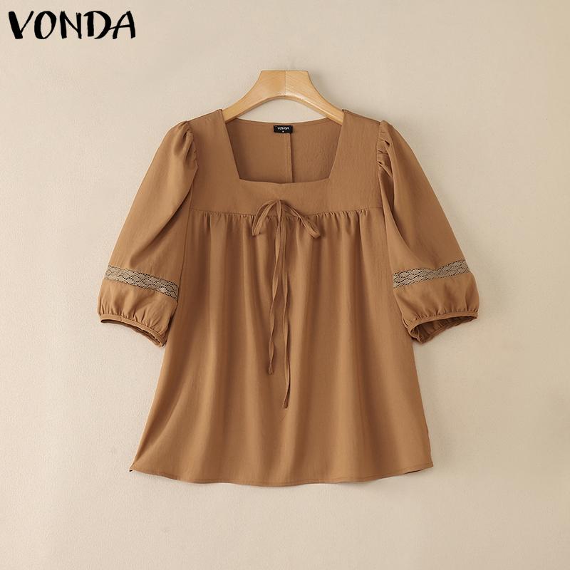 VONDA Elegant Women Square Collar Puff Sleeve Crochet Patchwork Casual Blouse