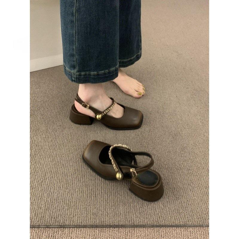 

Premium polished square head Mary Jane shoes thick heel bag head sandals women s shoes retro commuting empty single shoes 35 коричневий