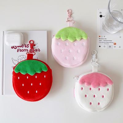Kawaii Strawberry Earphone Bag Student Kpop Photo Card Holder Portable Earphone Storage Pouch with Keychain Cute Key Holder