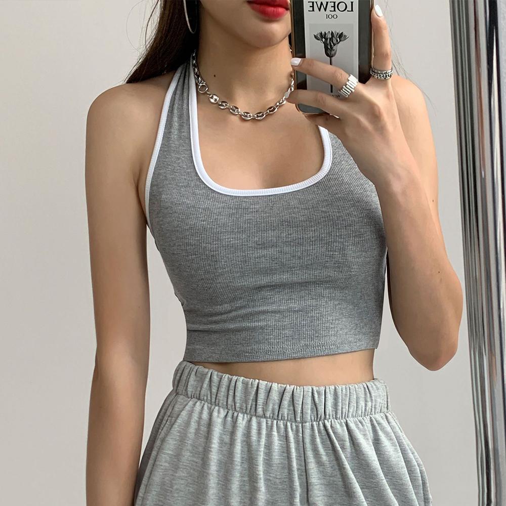 Women's Halter Neck Crop Top, Ribbed Color Block Sleeveless Tank Top