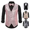 Men Suit Vest V-Neck Sleeveless Single Breasted Stage Show Waistcoat with Pockets Slim Fit Shiny Sequins Bow Tie Weddings Proms Vest